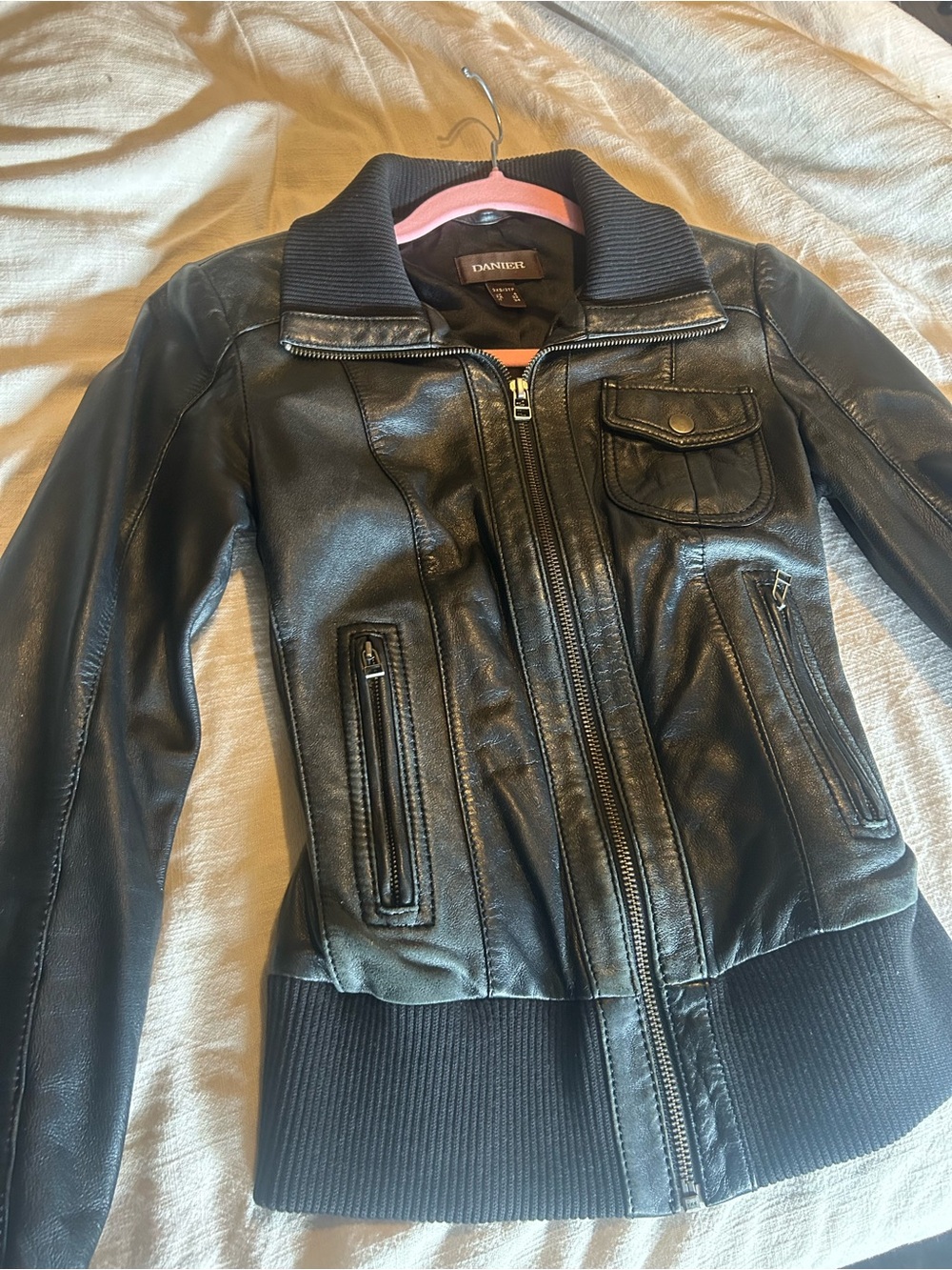 Danier Black Leather Bomber Jacket with Ribbed Trim